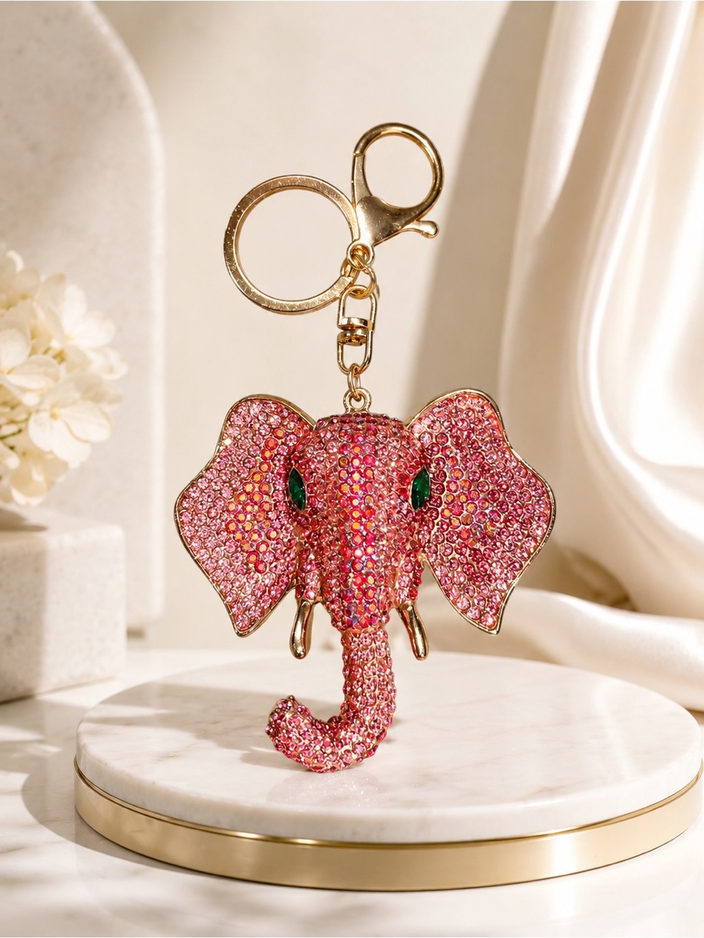 Pink Crystal Elephant Keychain Bag Charm